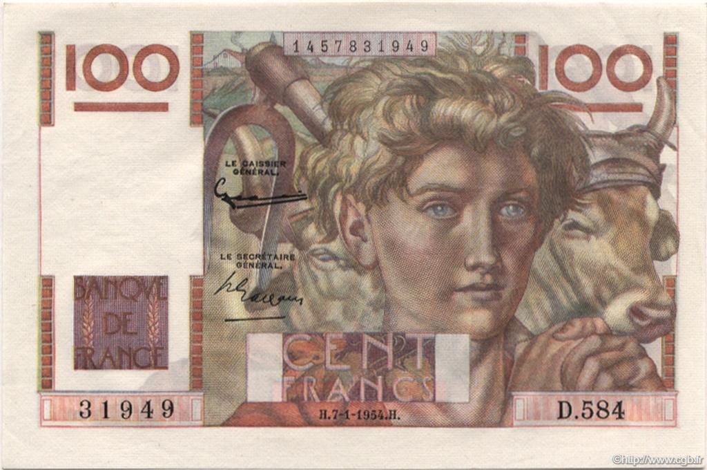 100 Francs JEUNE PAYSAN FRANCE  1954 F.28.41 UNC-
