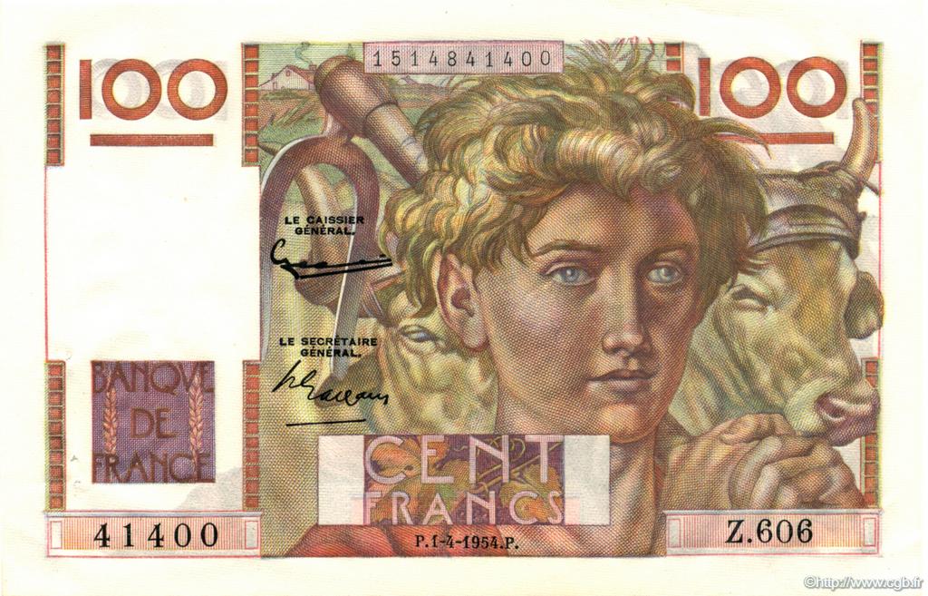100 Francs JEUNE PAYSAN FRANKREICH  1954 F.28.43a fST