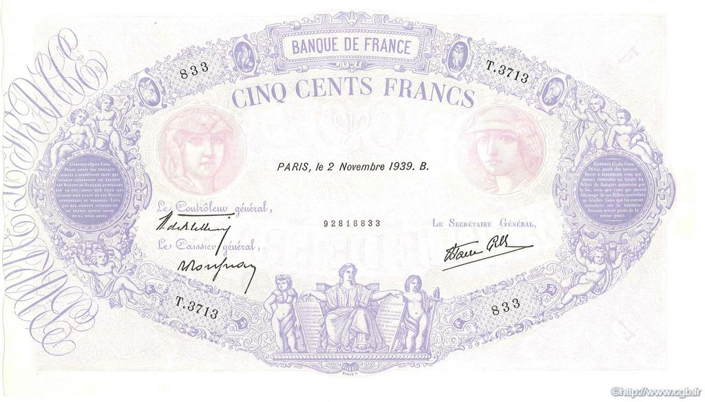 500 Francs BLEU ET ROSE modifié FRANCIA  1939 F.31.46 AU