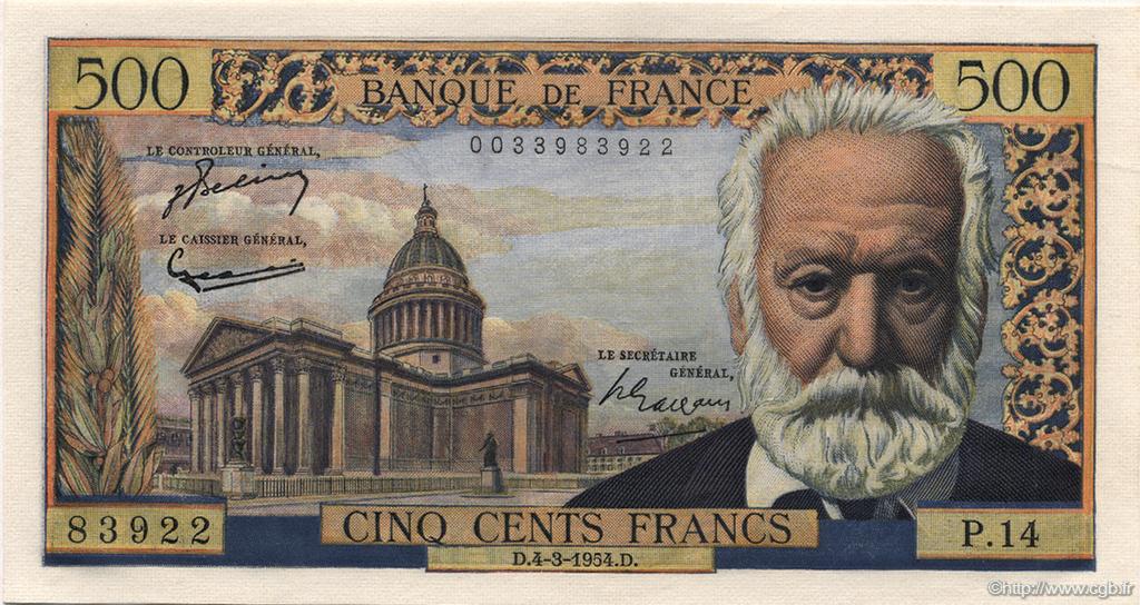 500 Francs VICTOR HUGO FRANCE  1954 F.35.02 AU+