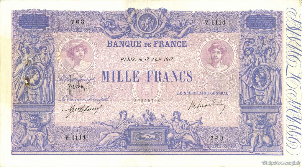 1000 Francs BLEU ET ROSE FRANCE  1917 F.36.31 VF+