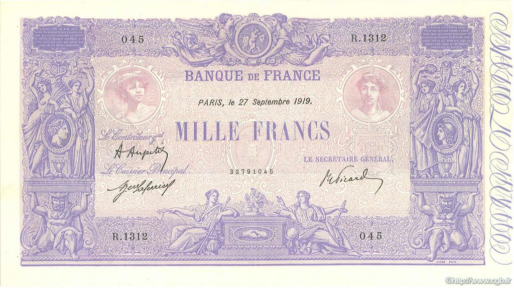 1000 Francs BLEU ET ROSE FRANCE  1919 F.36.34 VF - XF