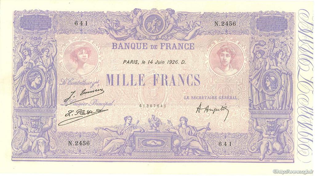 1000 Francs BLEU ET ROSE FRANCIA  1926 F.36.42 EBC