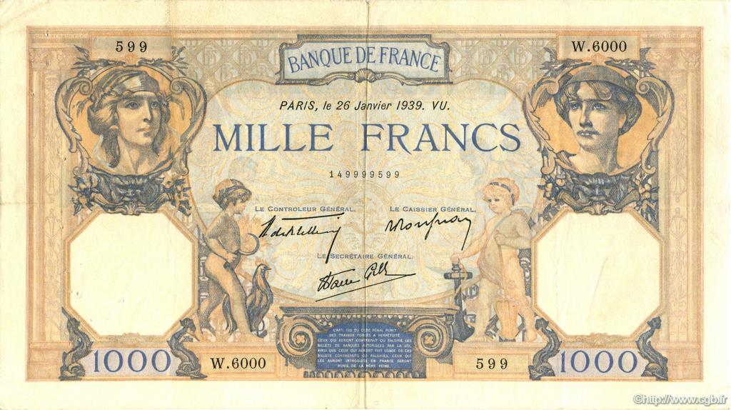 1000 Francs CÉRÈS ET MERCURE type modifié FRANKREICH  1939 F.38.33 SS