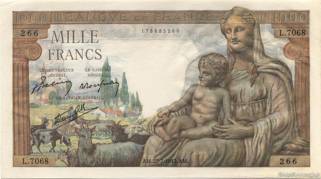 1000 Francs DÉESSE DÉMÉTER FRANCE  1943 F.40.31 XF+