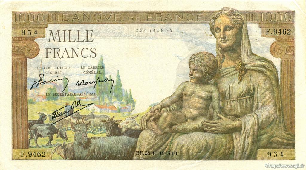 1000 Francs DÉESSE DÉMÉTER FRANKREICH  1943 F.40.38 fVZ