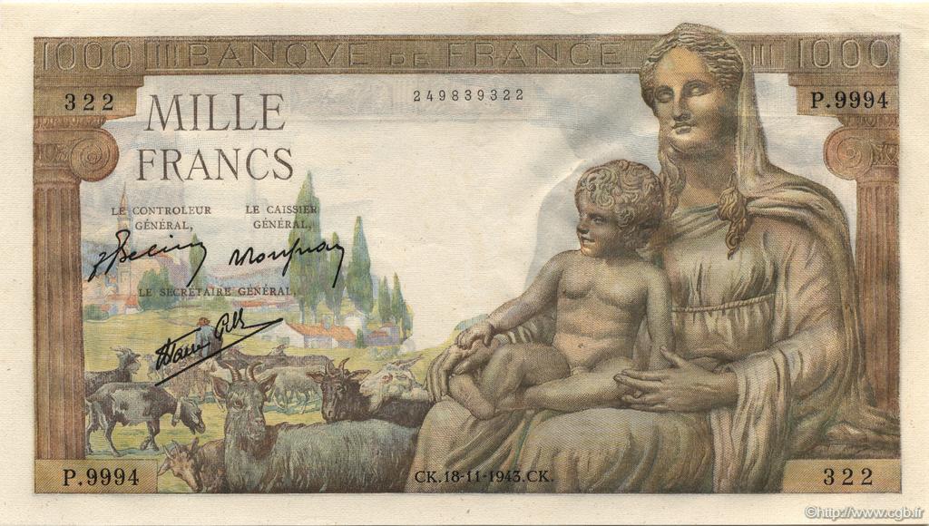 1000 Francs DÉESSE DÉMÉTER FRANCE  1943 F.40.40 UNC-
