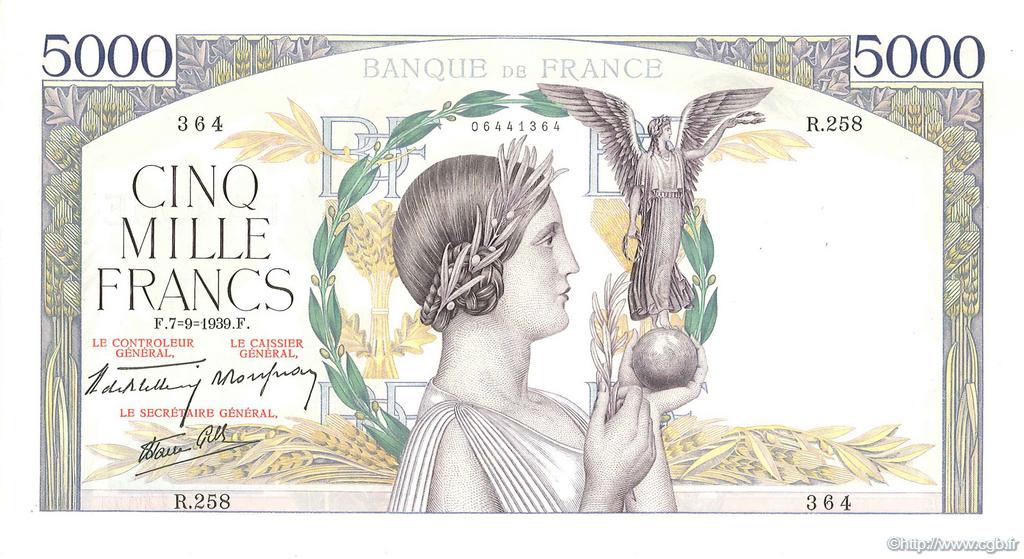 5000 Francs VICTOIRE Impression à plat FRANCE  1939 F.46.09 AU+