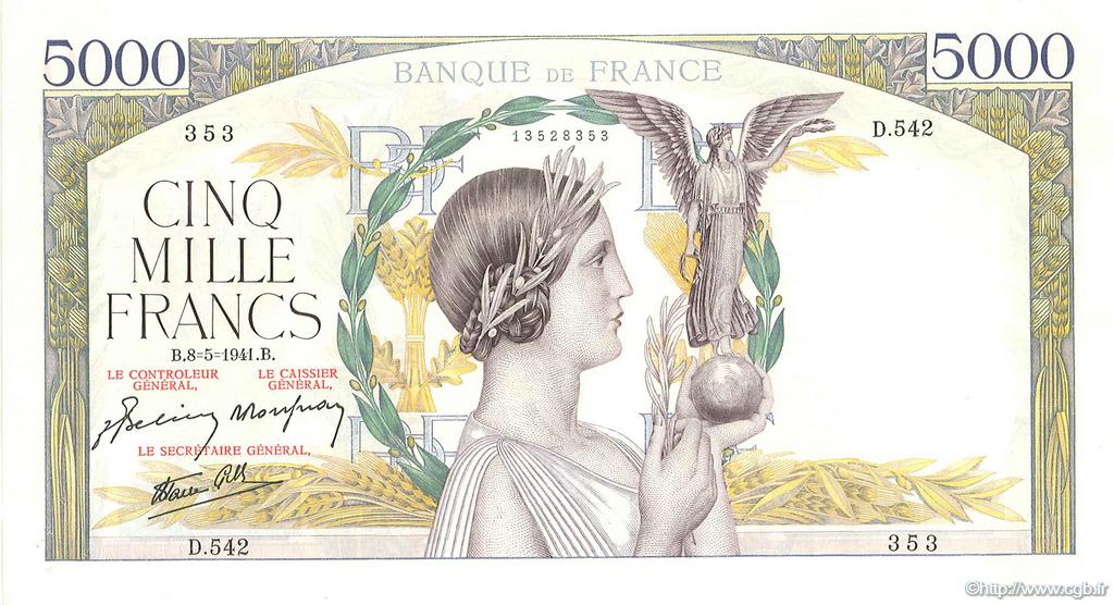 5000 Francs VICTOIRE Impression à plat FRANCIA  1941 F.46.21 q.AU