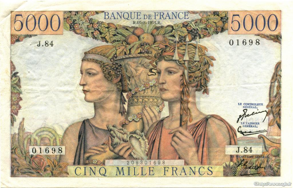5000 Francs TERRE ET MER FRANKREICH  1951 F.48.05 VZ