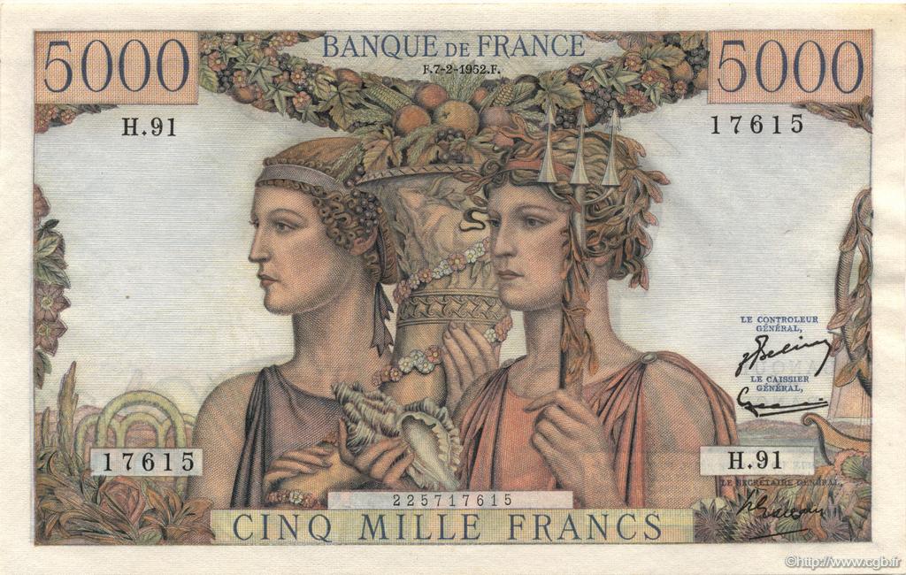 5000 Francs TERRE ET MER FRANCE  1952 F.48.06 AU+