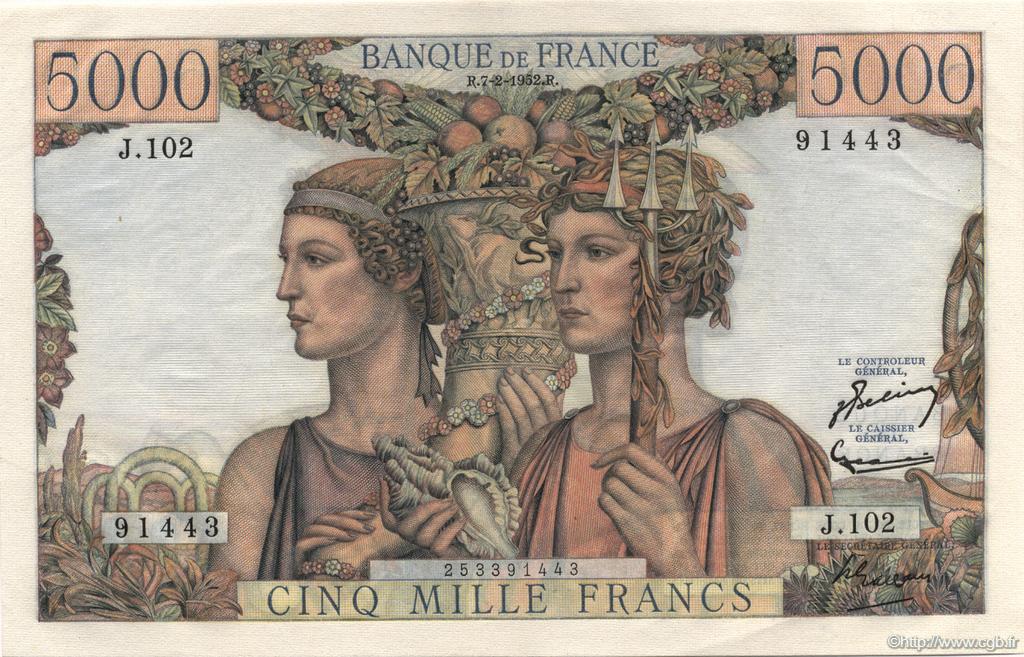 5000 Francs TERRE ET MER FRANCE  1952 F.48.06 AU-