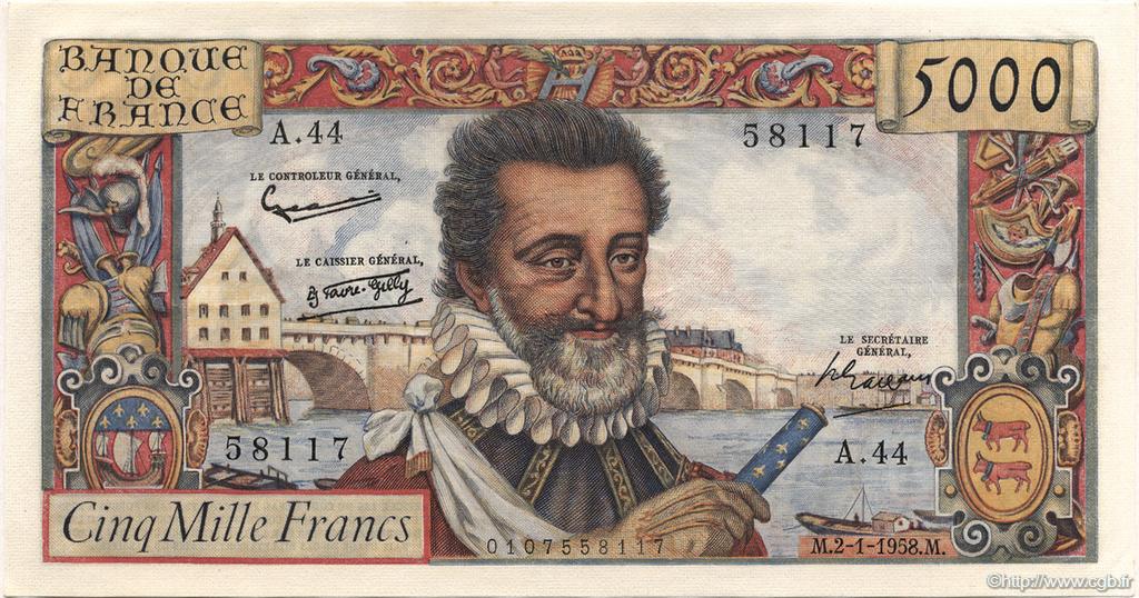 5000 Francs HENRI IV FRANCIA  1958 F.49.05 EBC a SC