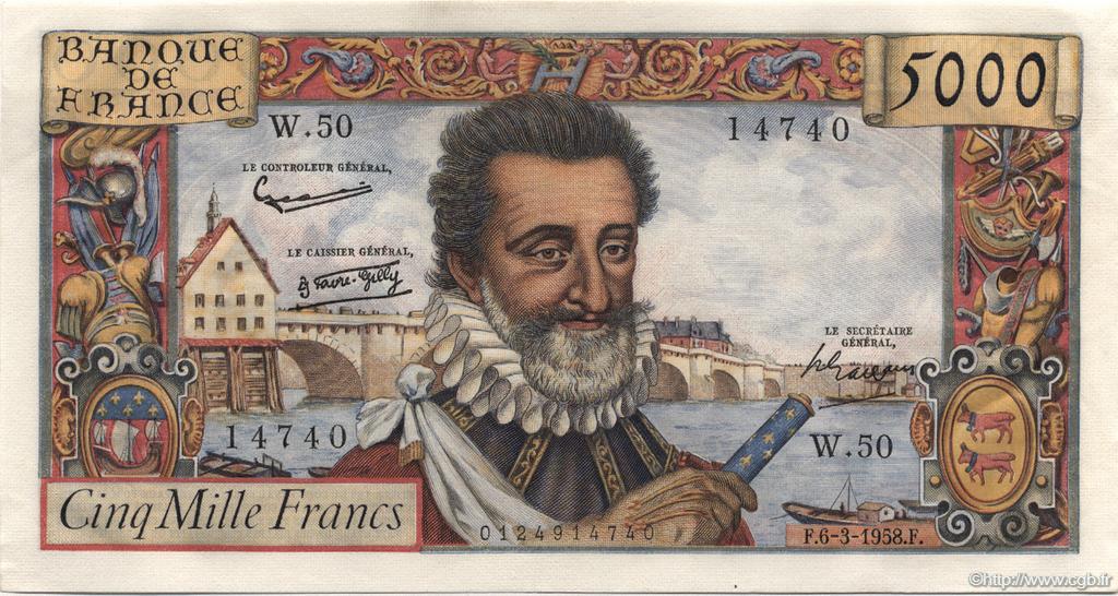 5000 Francs HENRI IV FRANCE  1958 F.49.06 AU