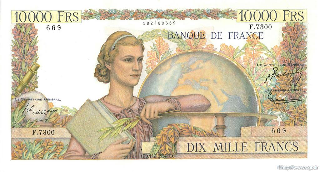 10000 Francs GÉNIE FRANÇAIS FRANCIA  1954 F.50.71 AU