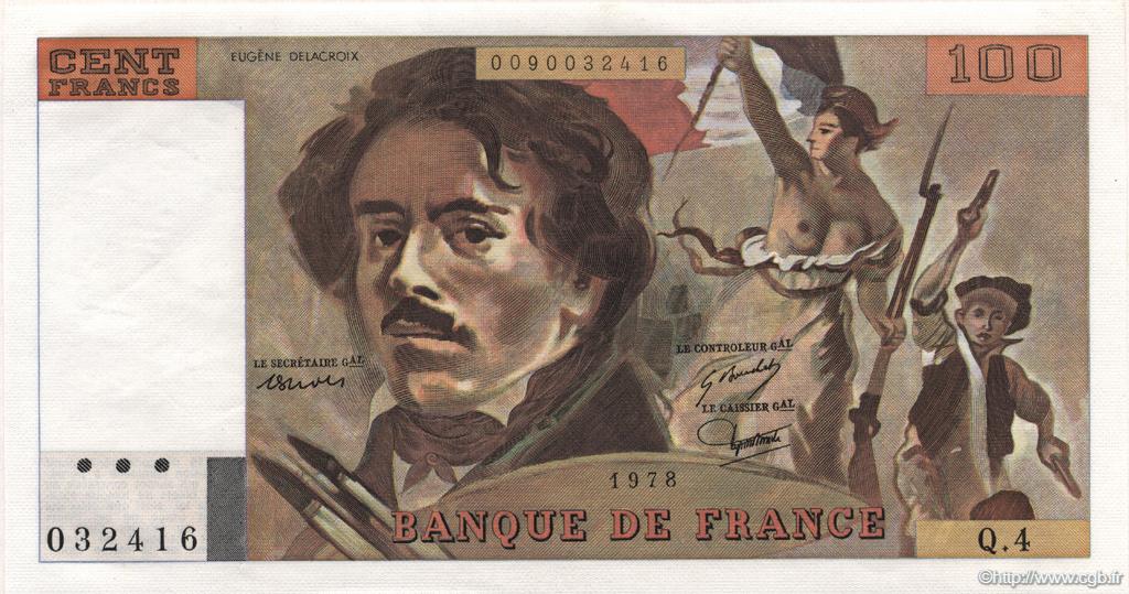 100 Francs DELACROIX modifié FRANCE  1978 F.69.01c UNC-