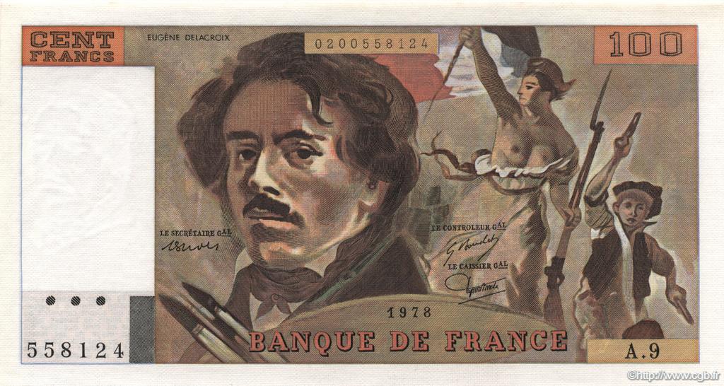 100 Francs DELACROIX modifié FRANCE  1978 F.69.01h UNC