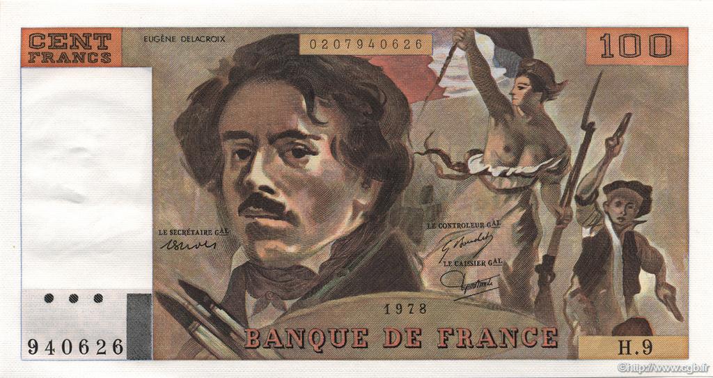 100 Francs DELACROIX modifié FRANCE  1978 F.69.01g UNC-
