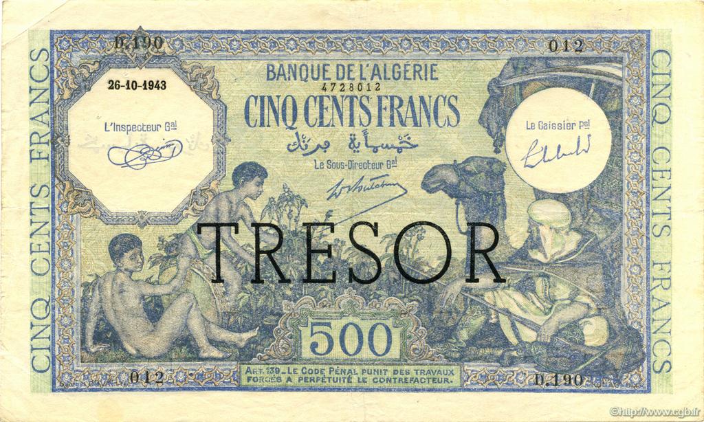 500 Francs Algérie surchargé pour la Corse FRANCE  1943 VF.09.01 VF+