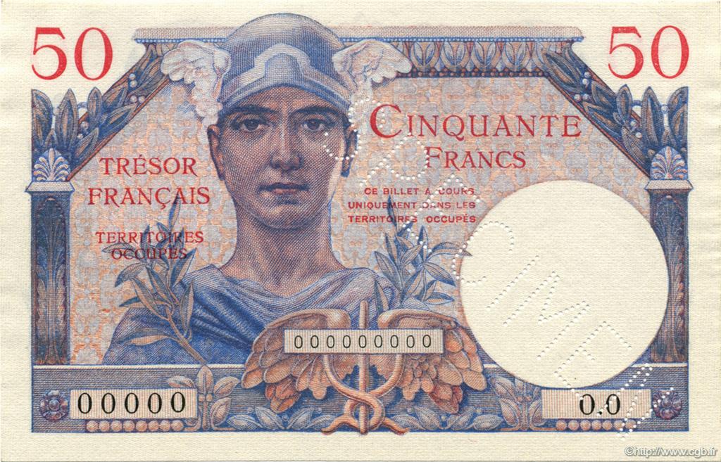 50 Francs TRÉSOR FRANÇAIS Spécimen FRANCE  1947 VF.31.00Sp UNC-