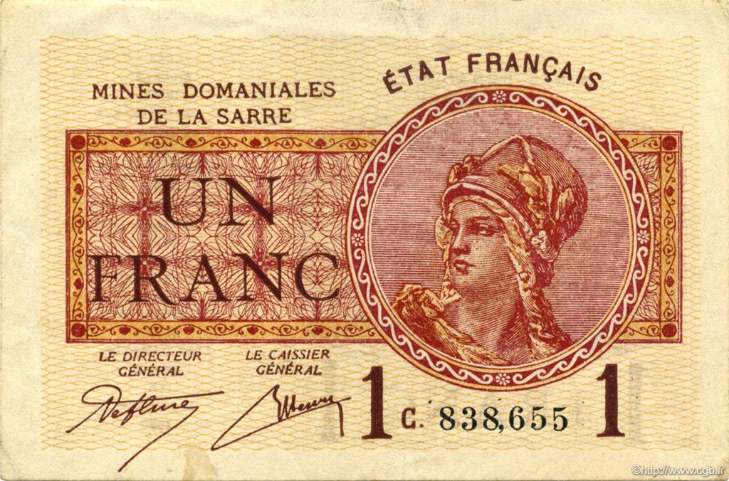 1 Franc MINES DOMANIALES DE LA SARRE FRANKREICH  1920 VF.51.03 fVZ