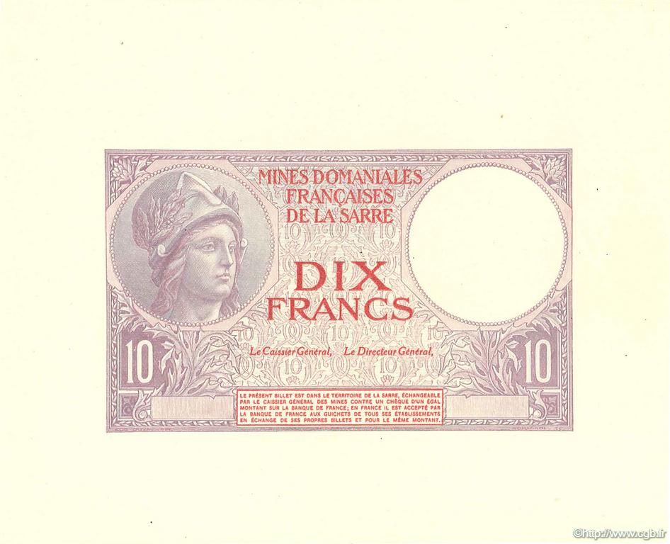 10 Francs MINES DOMANIALES DE LA SARRE Épreuve FRANKREICH  1920 VF.53.00Ed ST