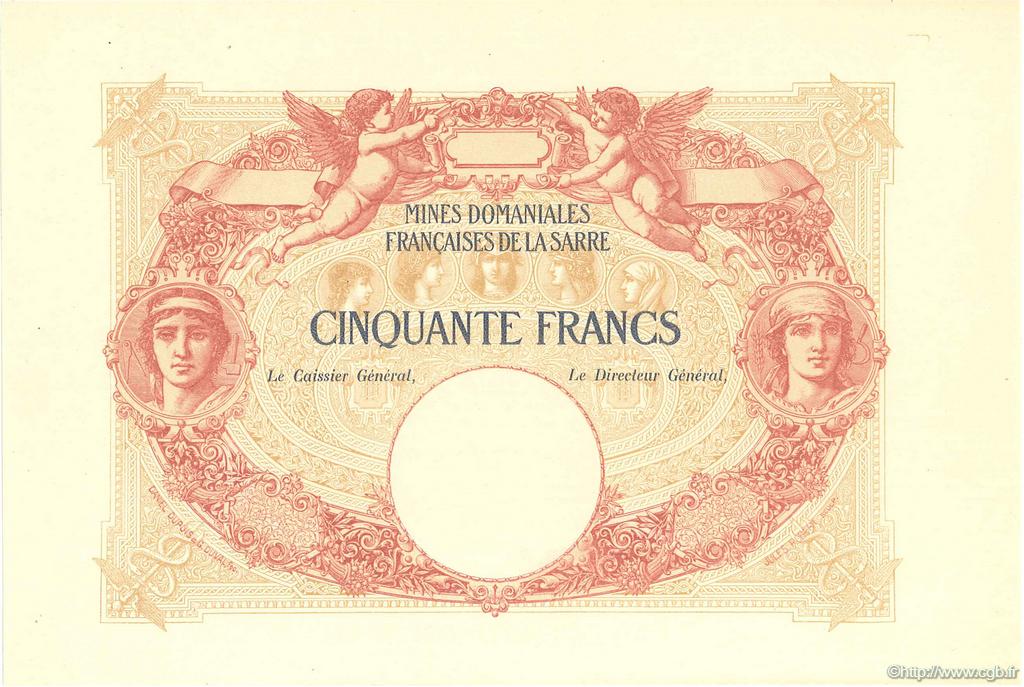50 Francs MINES DOMANIALES DE LA SARRE Épreuve FRANCE  1920 VF.54.00Ed UNC