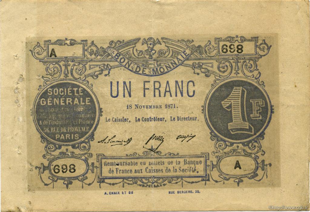 1 Franc Société Générale FRANCE regionalism and various  1871 - VF
