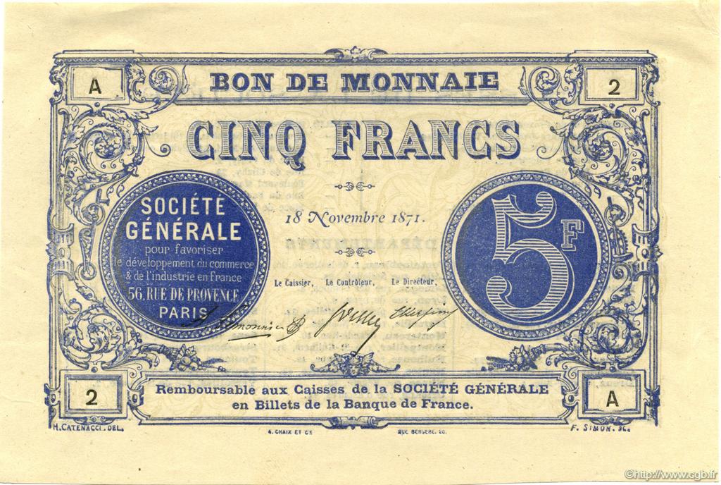 5 Francs Société Générale FRANCE regionalism and miscellaneous  1871 - AU
