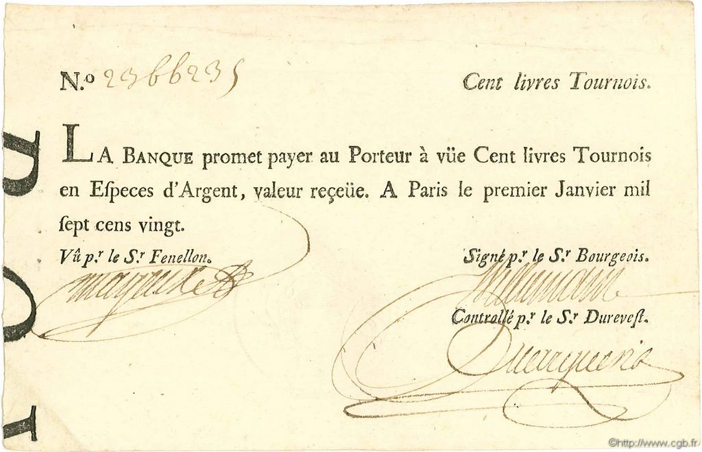 100 Livres Tournois typographié FRANCE  1720 Laf.090 XF+