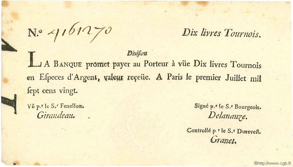 10 Livres Tournois typographié FRANCIA  1720 Laf.093 EBC+