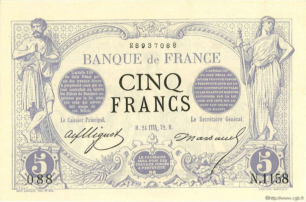 5 Francs NOIR FRANCIA  1872 F.01.11 q.FDC