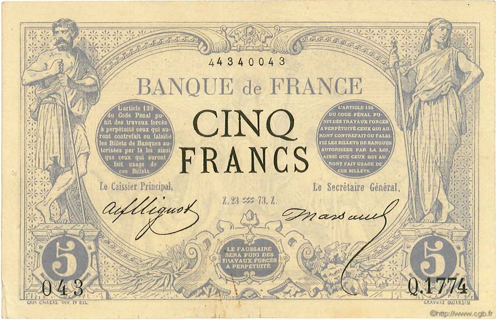 5 Francs NOIR FRANCE  1873 F.01.14 VF