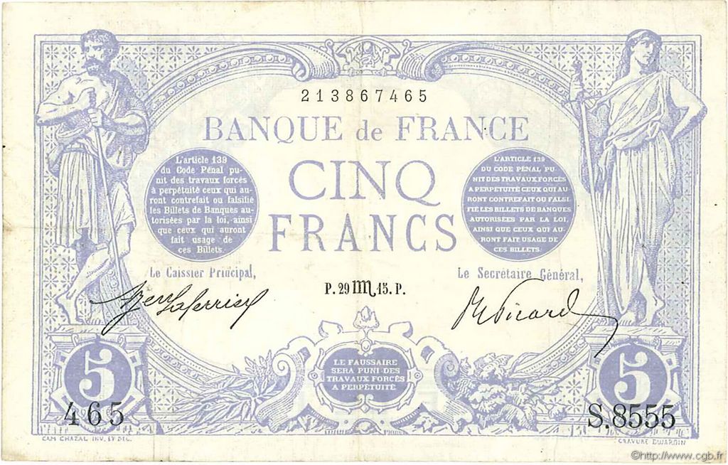 5 Francs BLEU FRANCIA  1915 F.02.32 MBC