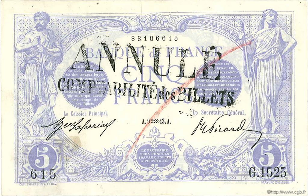 5 Francs BLEU FRANKREICH  1913 F.02.13 VZ+