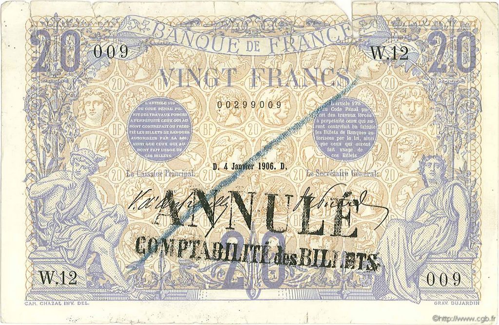 20 Francs BLEU Annulé FRANCIA  1906 F.10.01 BC a MBC