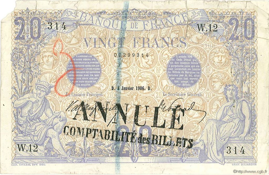 20 Francs BLEU FRANCIA  1906 F.10.01 MB a BB