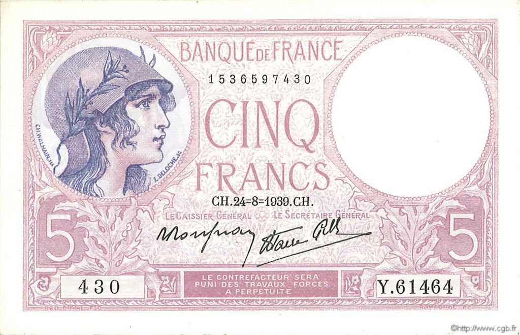 5 Francs FEMME CASQUÉE modifié FRANKREICH  1939 F.04.07 fST+