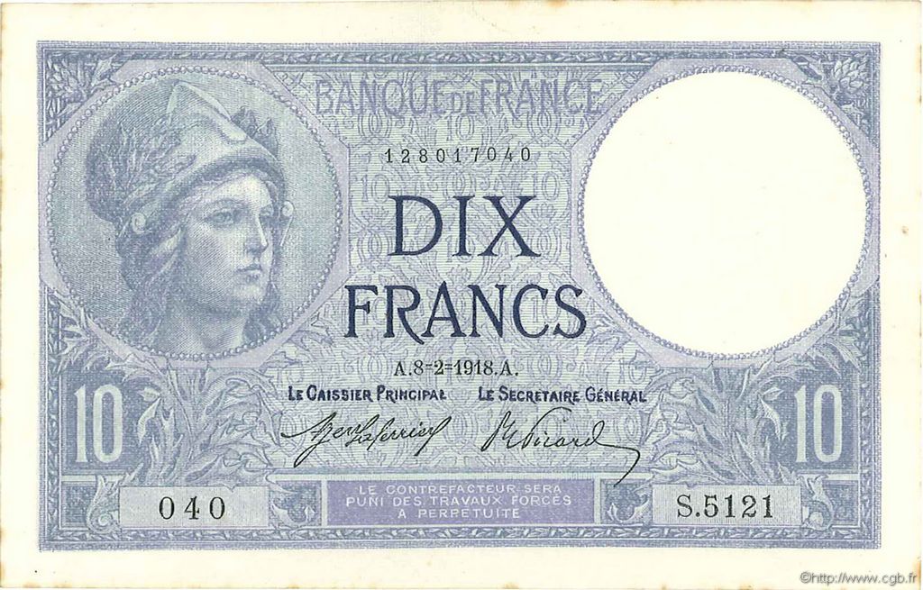 10 Francs MINERVE FRANCE  1918 F.06.03 AU
