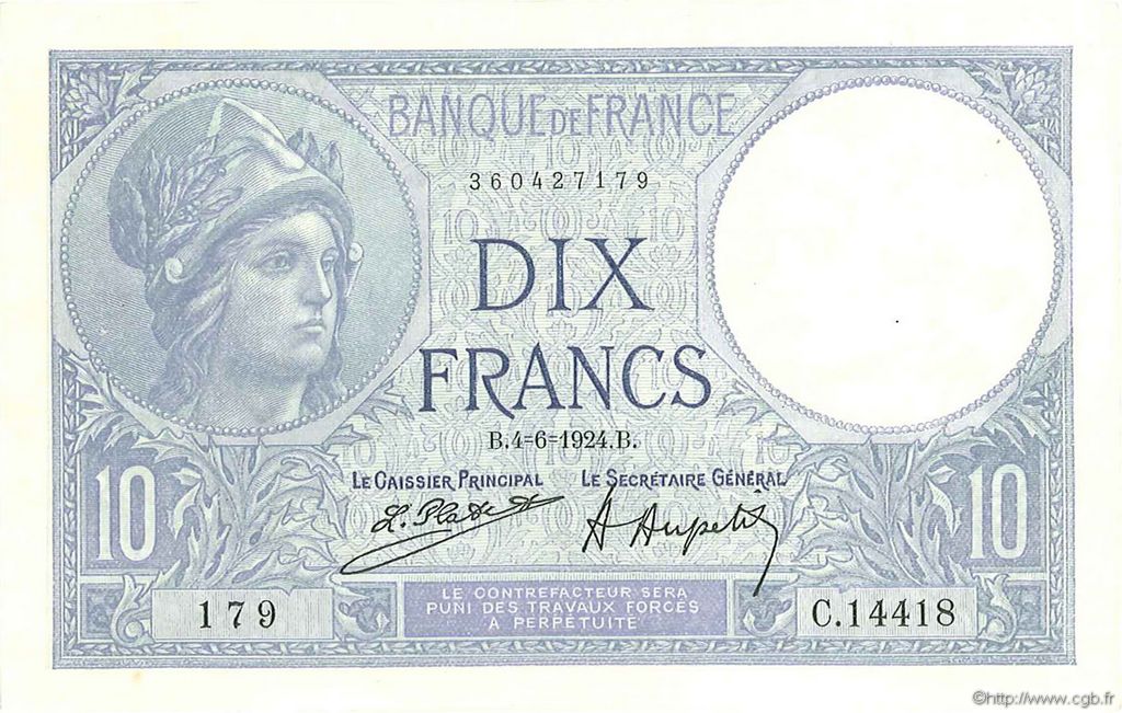 10 Francs MINERVE FRANCE  1924 F.06.08 XF - AU