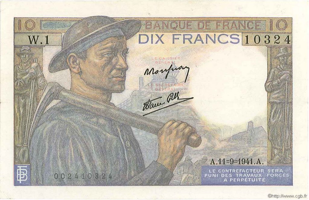 10 Francs MINEUR FRANKREICH  1941 F.08.01 VZ