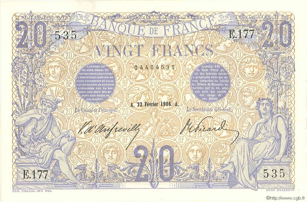 20 Francs BLEU FRANCE  1906 F.10.01 UNC-