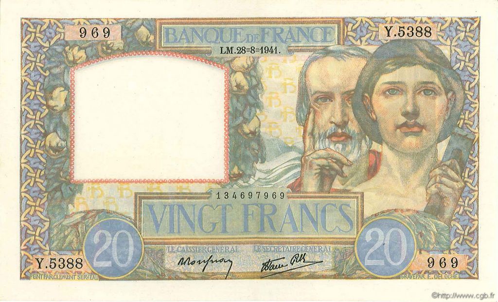 20 Francs TRAVAIL ET SCIENCE FRANCE  1941 F.12.17 AU+