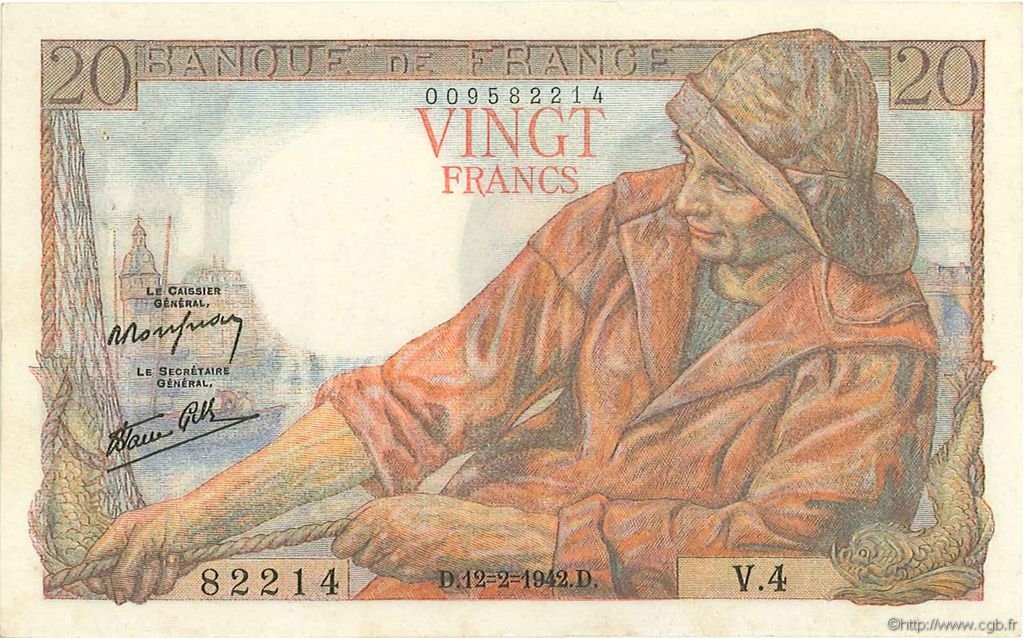 20 Francs PÊCHEUR FRANKREICH  1942 F.13.01 VZ+