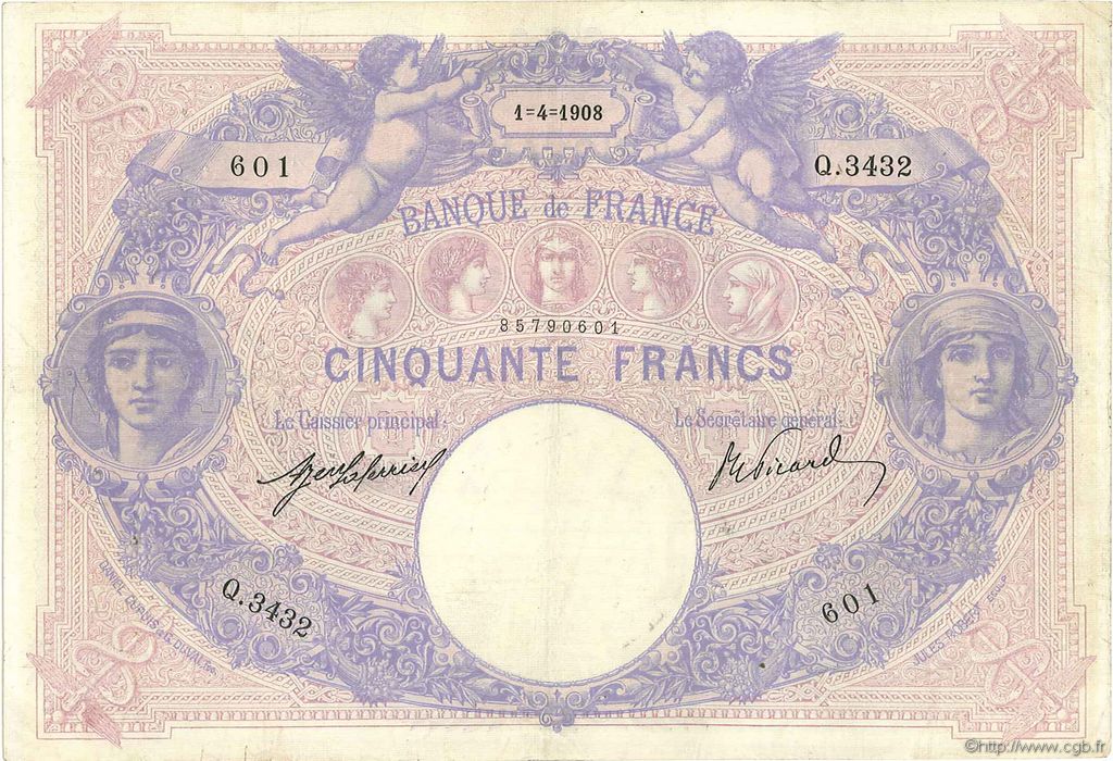 50 Francs BLEU ET ROSE FRANCIA  1908 F.14.21 q.BB