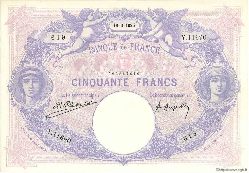 50 Francs BLEU ET ROSE FRANCE  1925 F.14.38 XF-