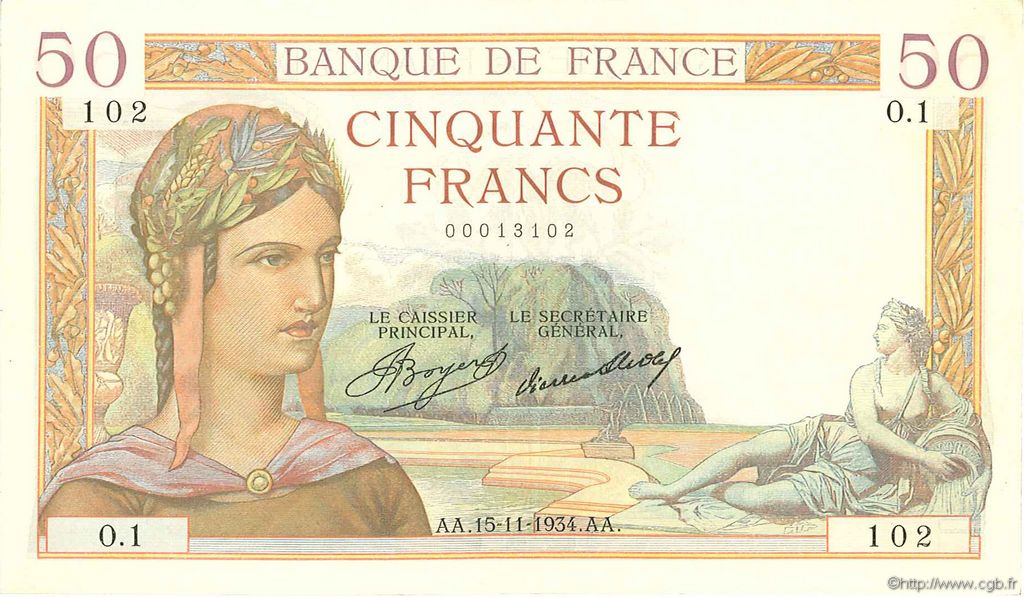 50 Francs CÉRÈS FRANKREICH  1934 F.17.01 VZ
