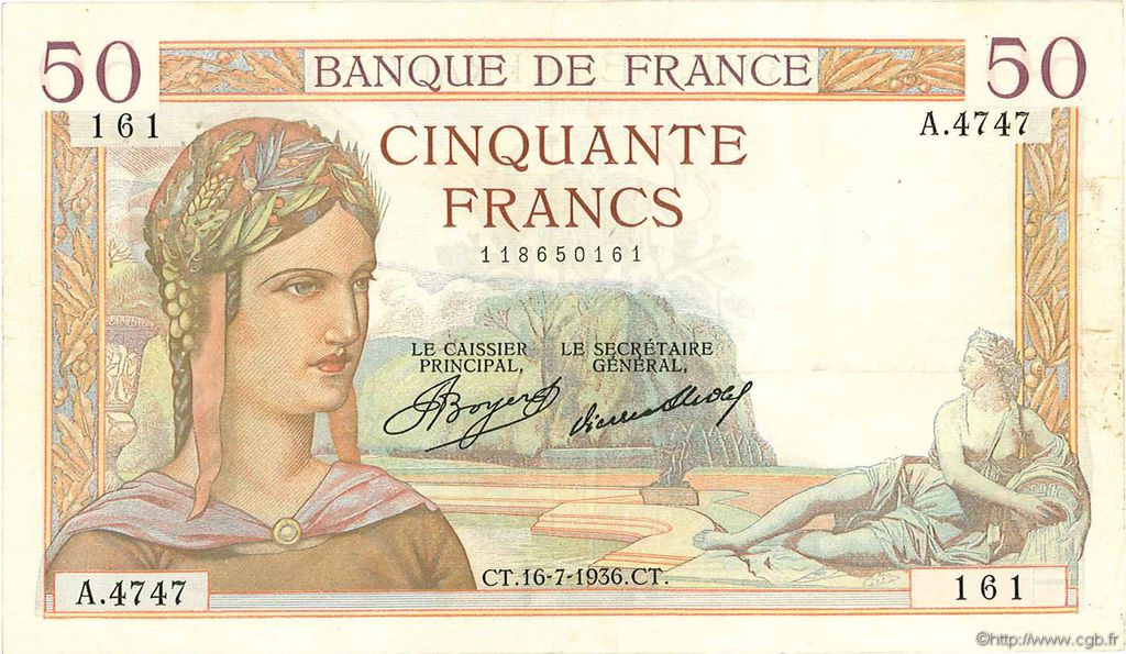 50 Francs CÉRÈS FRANCE  1936 F.17.28 TTB