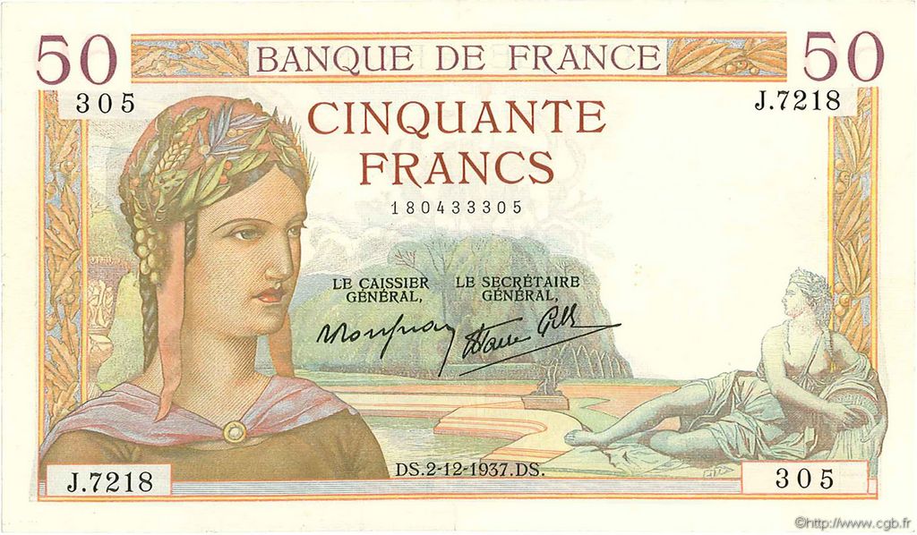 50 Francs CÉRÈS modifié FRANKREICH  1937 F.18.05 SS