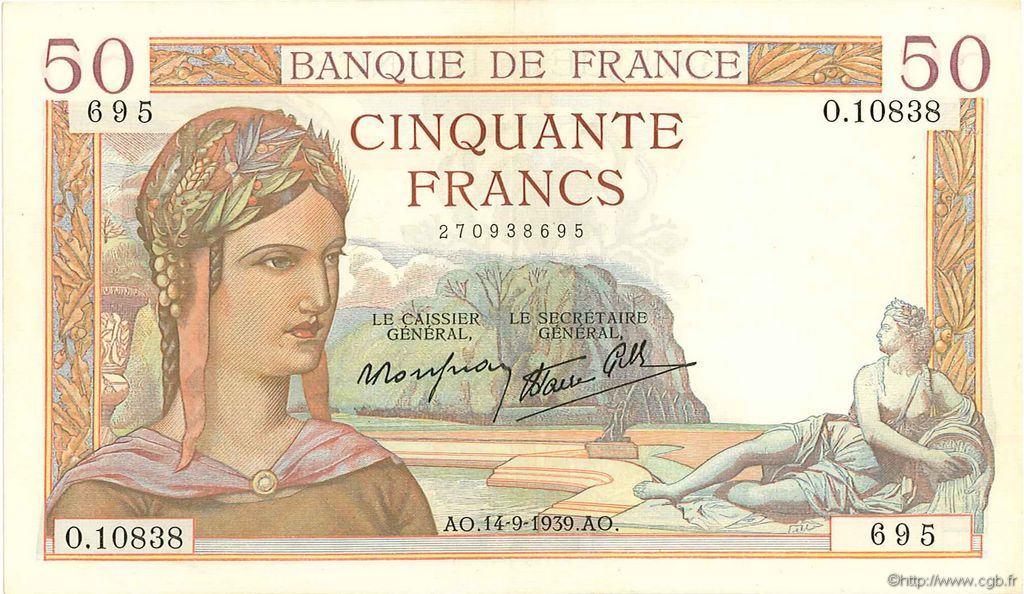 50 Francs CÉRÈS modifié FRANCE  1939 F.18.30 XF